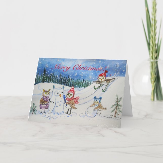 Christmas owls playing in snow holiday card (Front)