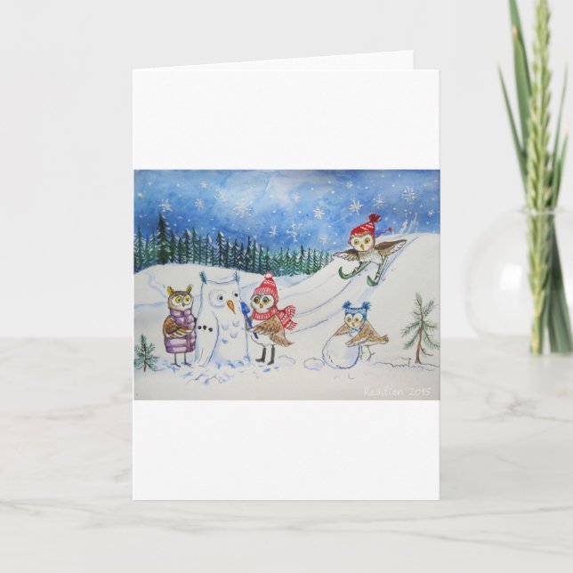 Christmas owls playing in snow holiday card (Front)