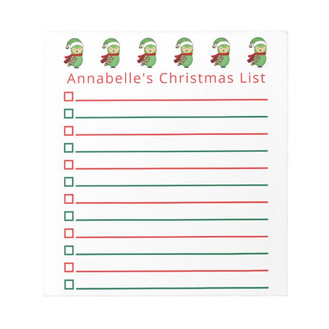 Christmas Owls Shopping List Personalise Notepad (Front)
