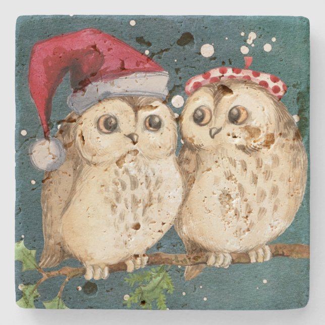 Christmas Owls Stone Coaster (Front)