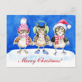Christmas owls watercolor art holiday postcard