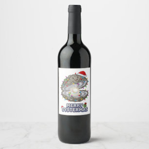 Christmas Oyster Crassostrea Santa Hat Holiday Wine Label