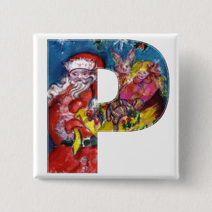 CHRISTMAS P LETTER  / SANTA  WITH GIFTS MONOGRAM 15 CM SQUARE BADGE