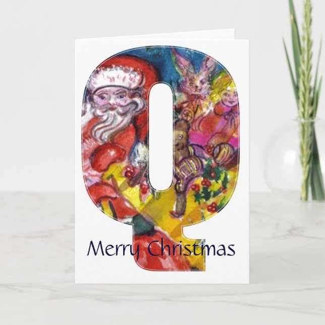 CHRISTMAS P LETTER  / SANTA  WITH GIFTS MONOGRAM HOLIDAY CARD (Front)