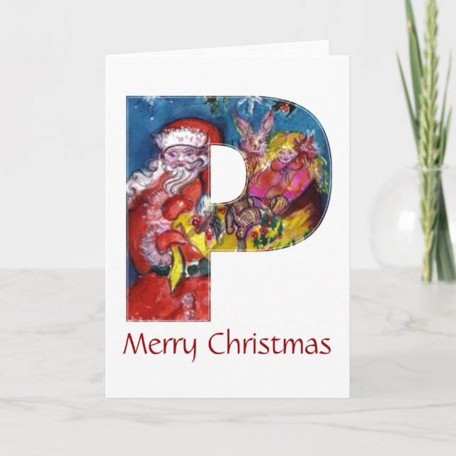 CHRISTMAS P LETTER  / SANTA  WITH GIFTS MONOGRAM HOLIDAY CARD (Front)