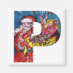 CHRISTMAS P LETTER  / SANTA  WITH GIFTS MONOGRAM MAGNET
