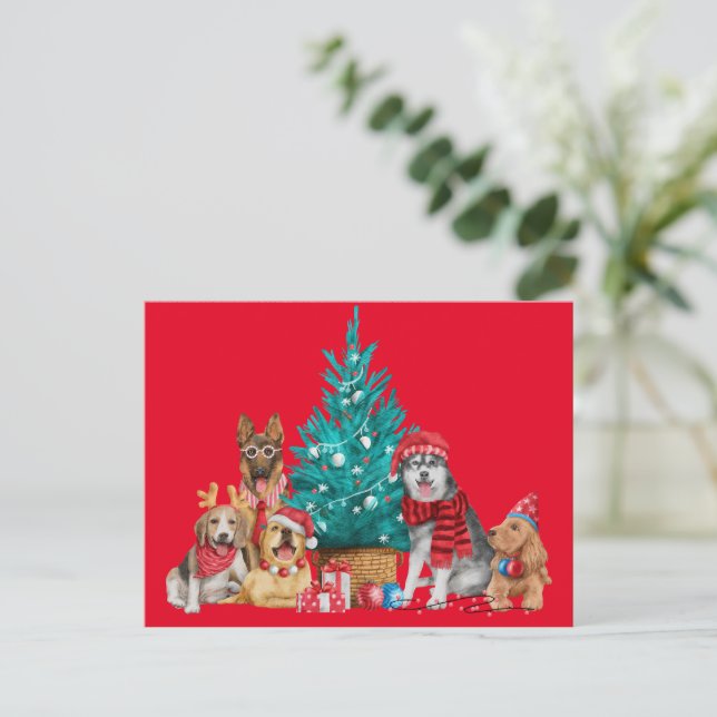 Christmas pack of dogs under the  tree postcard (Standing Front)