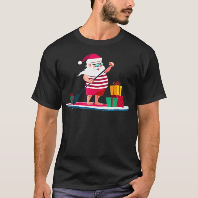 Christmas Paddleboarding Santa in Swim Shorts T-Shirt (Front)