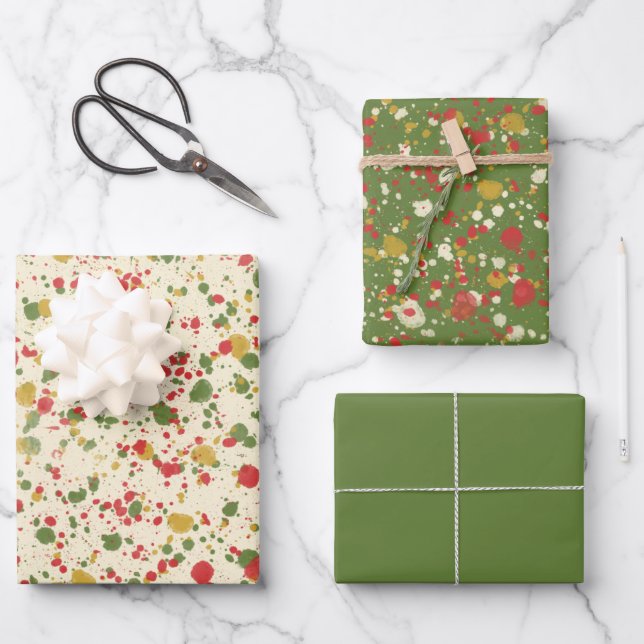 Christmas Paint Spatter Pattern Red Green Cream Wrapping Paper Sheet (Front)