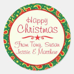 Christmas paisley green pattern gift label sticker