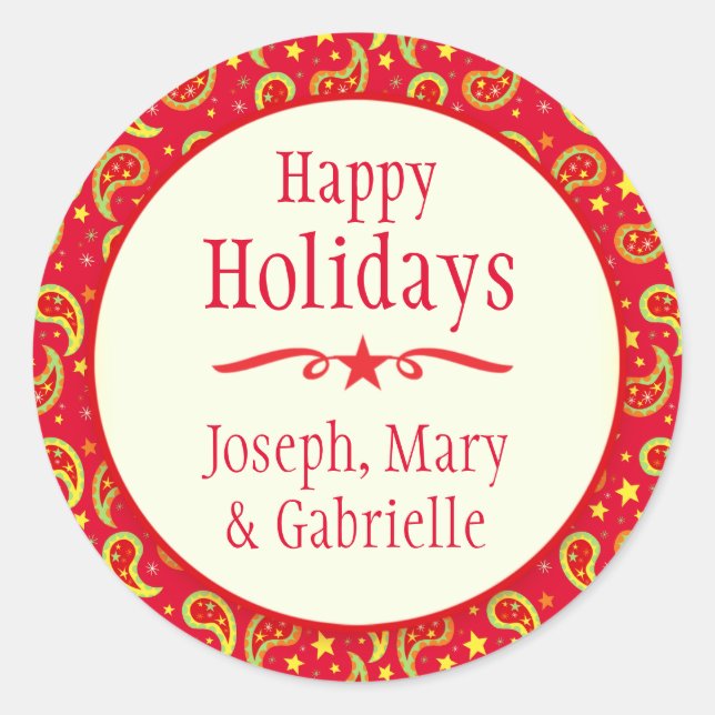 Christmas paisley red name holiday gift sticker (Front)