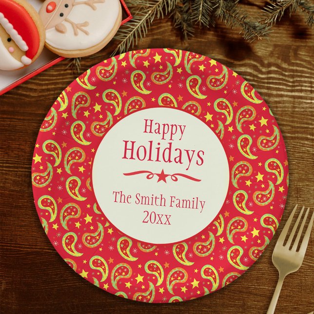 Christmas paisley red name holiday paper plate (Creator Uploaded)