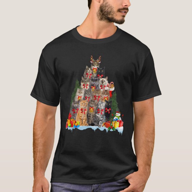 Christmas Pajama Cat Xmas Tree Ornament Cat Lover  T-Shirt (Front)