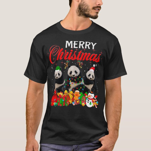 Christmas Pajama Panda Bear Lover Xmas Tree Lights T-Shirt (Front)