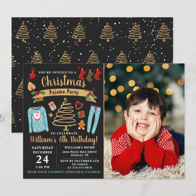 Christmas Pajama Party Boy Birthday Photo Invitation (Front/Back)