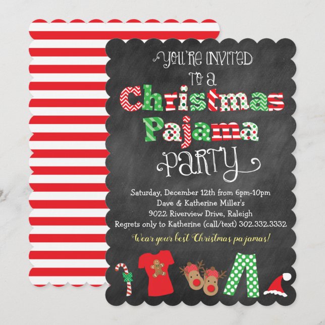 Christmas Pajama Party Chalkboard Invitation (Front/Back)