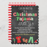 Christmas Pajama Party Chalkboard Invitation<br><div class="desc">This fun and festive Christmas Pajama Party chalkboard style invitation is perfect for any Christmas pajama theme event! This design features a chalkboard style background,  bright Christmas colour pattern letters,  and fun Christmas graphics and illustrations along the bottom including Christmas pyjamas,  reindeer slippers,  candy cane and Santa hat!</div>