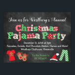 Christmas Pajama Party Chalkboard Style Poster<br><div class="desc">This fun and festive Christmas Pajama Party chalkboard style poster is perfect for any Christmas pajama theme event! This design features a chalkboard style background,  bright Christmas color pattern letters,  and fun Christmas graphics and illustrations along the bottom including Christmas pajamas,  reindeer slippers,  candy cane and Santa hat!</div>