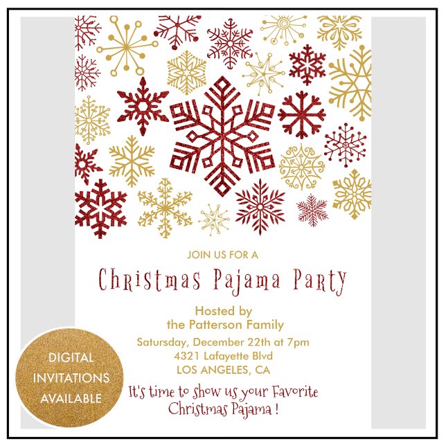 Christmas Pajama Party Chic Red Cute Snowflake  Invitation (Creator Uploaded)