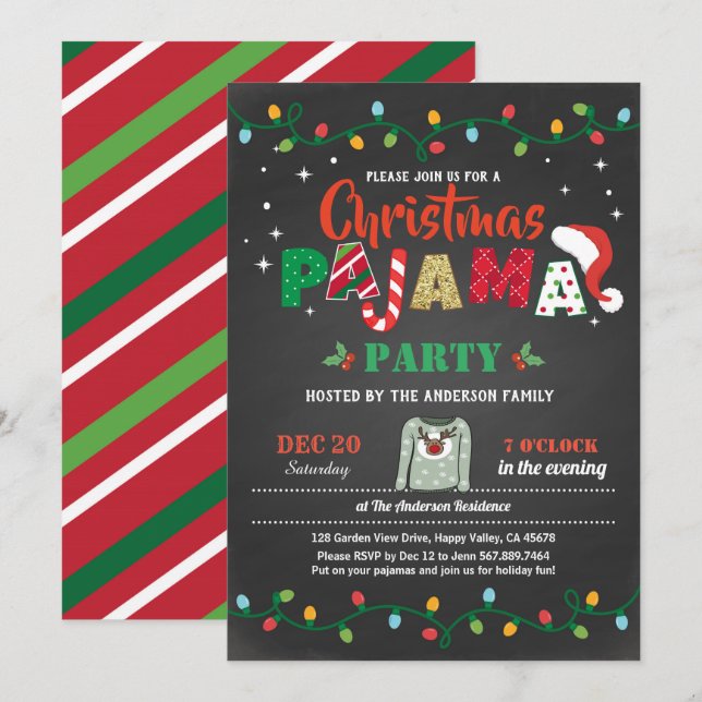 Christmas pajama party holiday party chalkboard invitation (Front/Back)