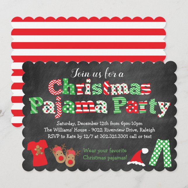 Christmas Pajama Party Invitation - Chalkboard (Front/Back)
