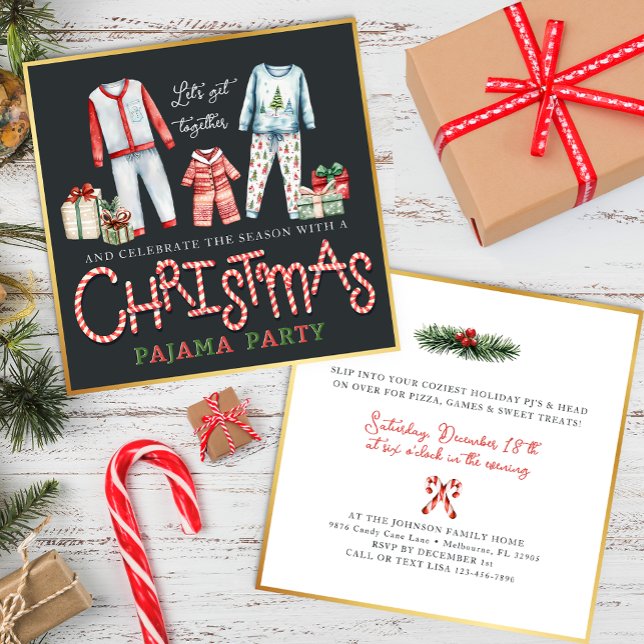 Christmas Pajama Party Invitation with Candy Cane  (Fun Pajama Party for the Holidays!)