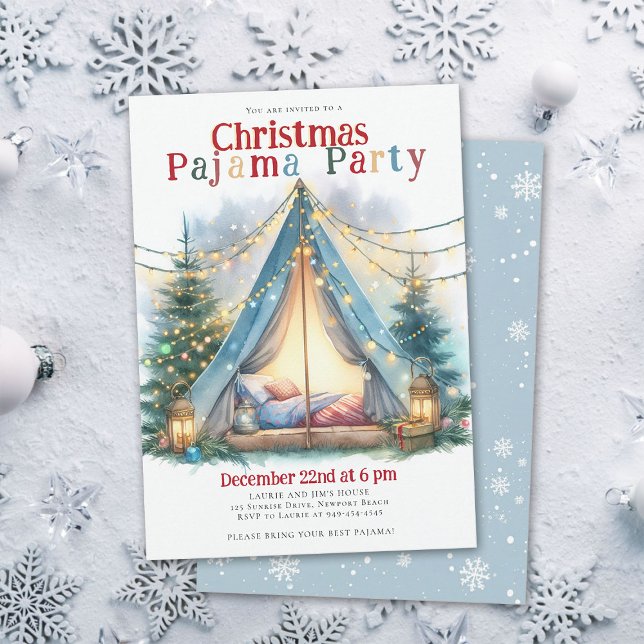 Christmas Pajama Party Tent Lights Watercolor Chic Invitation (christmas pajama party invitation slumber sleepover tent watercolor twinkle lights happy cute)