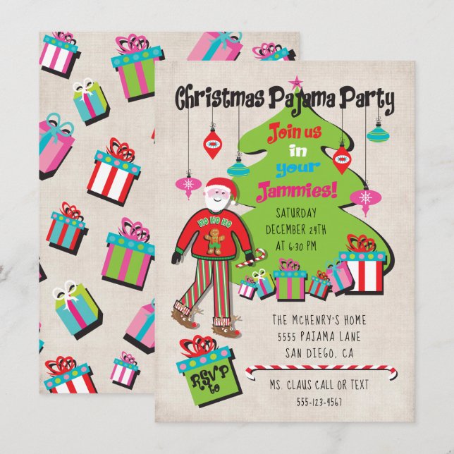Christmas Pajama Party with Santa and gifts Invitation (Front/Back)