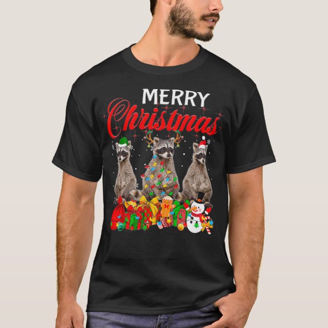 Christmas Pajama Raccoon Lover Xmas Tree Lights An T-Shirt (Front)