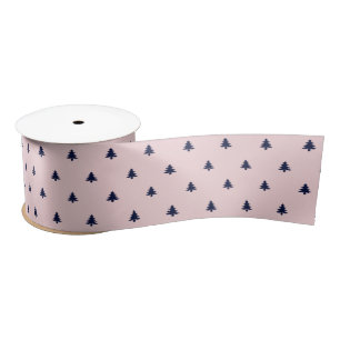 Christmas Pale Pink and Navy Blue Christmas Trees Satin Ribbon