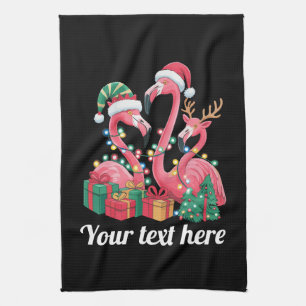 Christmas Palm Flamingo Personalised Xmas Lights Tea Towel