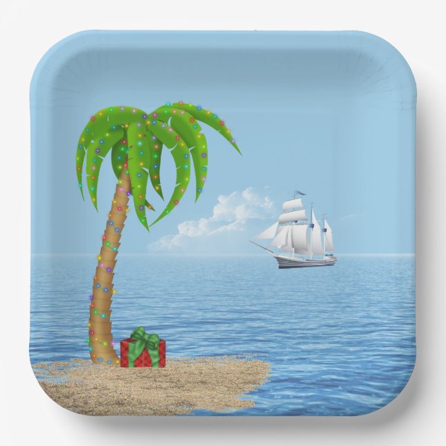 Christmas Palm Tree and Boat Paper Plate (Front)