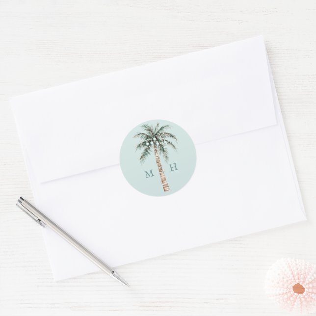 Christmas Palm Tree | Beach Wedding Monogram Classic Round Sticker (Envelope)