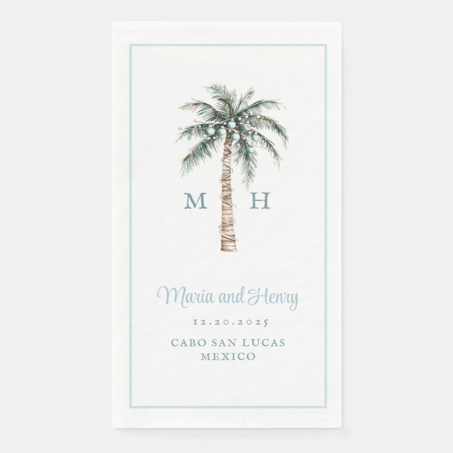 Christmas Palm Tree | Beach Wedding Monogram Napkin (Front)