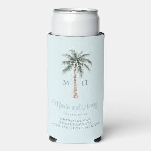 Christmas Palm Tree   Beach Wedding Monogram Seltzer Can Cooler