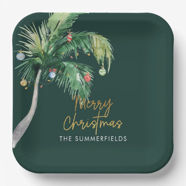 Christmas Palm Tree Coastal Holiday Paper Plate (Front)