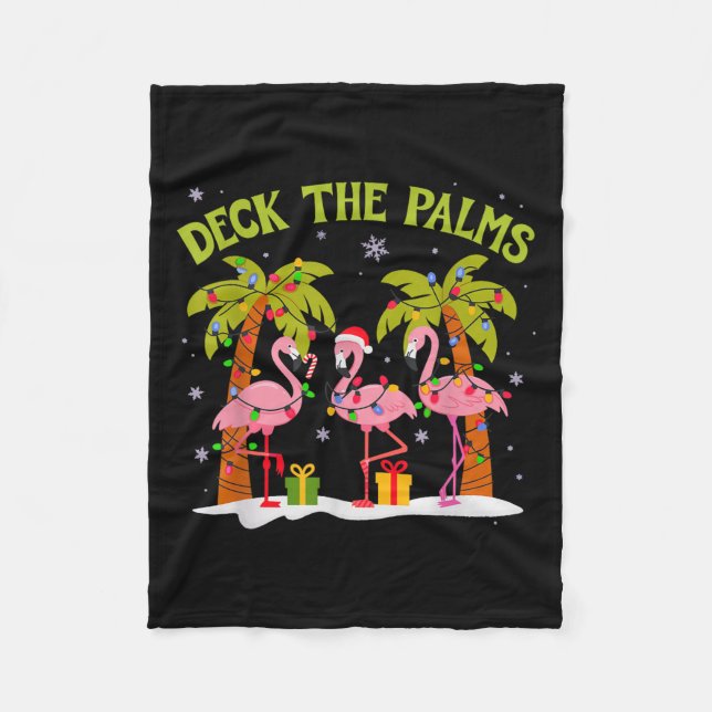 Christmas Palm Tree Flamingo Summer Beach Vacation Fleece Blanket (Front)