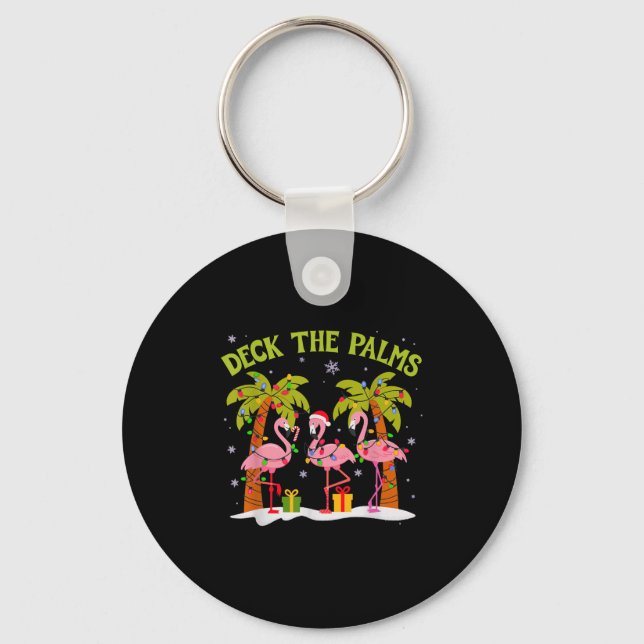 Christmas Palm Tree Flamingo Summer Beach Vacation Key Ring (Front)
