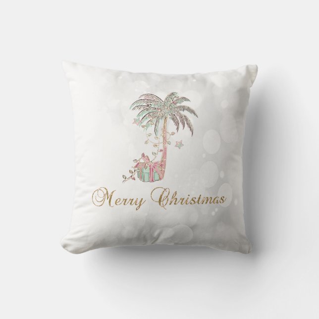 Christmas Palm Tree,Present,String Lights,Bokeh  Cushion (Front)