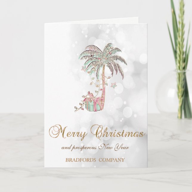 Christmas Palm Tree,Present,String Lights,Bokeh   Holiday Card (Front)