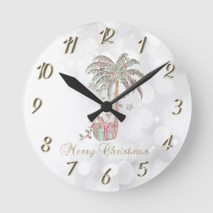 Christmas Palm Tree,Present,String Lights,Bokeh   Round Clock