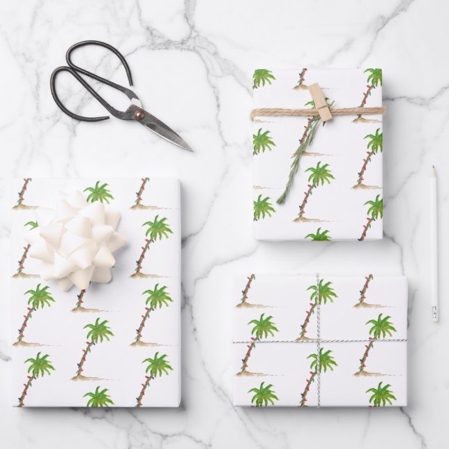 Christmas Palm Tree Tropical Beachy Watercolor Wrapping Paper Sheet (Front)