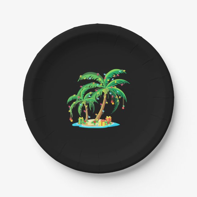 Christmas Palm Tree Tropical Xmas Gift Coconut Paper Plate (Front)
