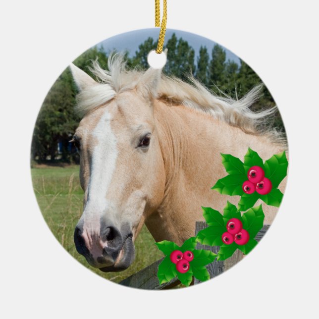 Christmas Palomino Horse & Holly Round Ornament (Front)