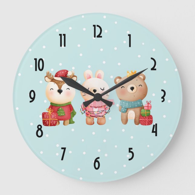 Christmas Pals - Reindeer Bear & Rabbit Large Clock (Front)
