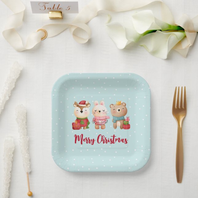 Christmas Pals - Reindeer, Bear & Rabbit Paper Plate (Wedding)