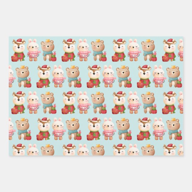 Christmas Pals - Reindeer Bear & Rabbit Pattern Wrapping Paper Sheet (Front)