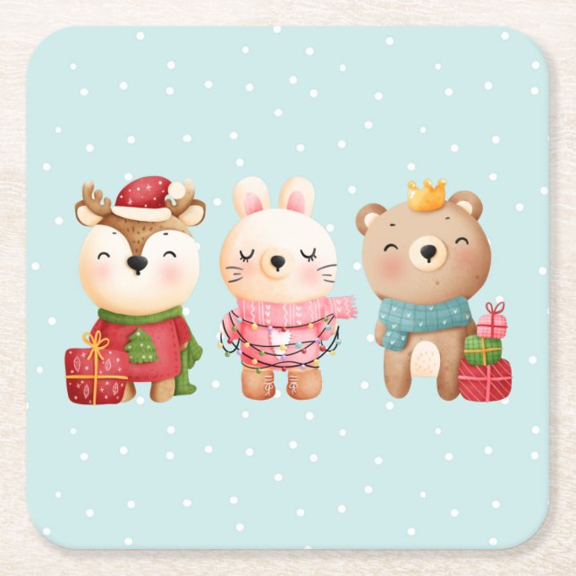 Christmas Pals - Reindeer, Bear & Rabbit Square Paper Coaster (Front)