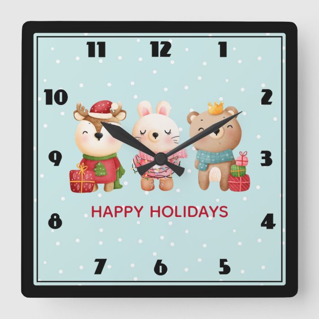 Christmas Pals - Reindeer Bear & Rabbit Square Wall Clock (Front)