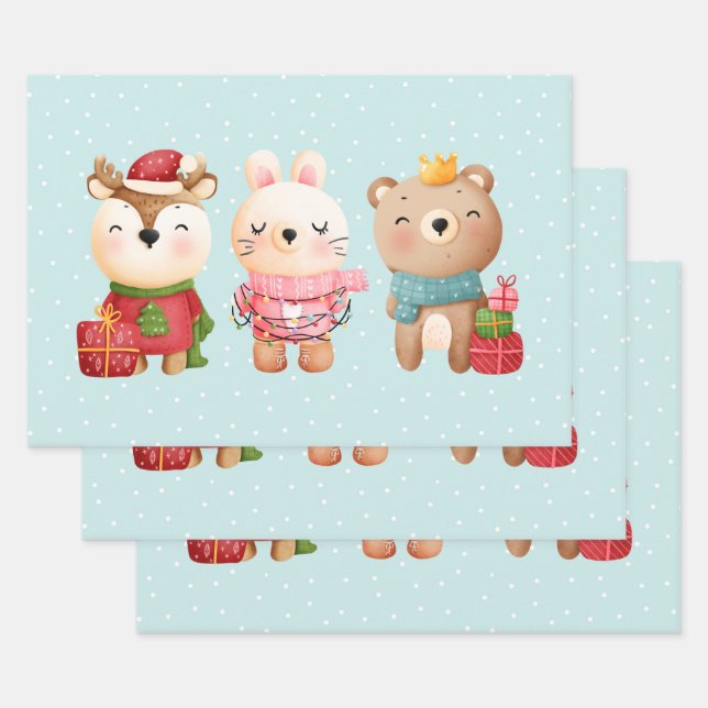 Christmas Pals - Reindeer Bear & Rabbit Wrapping Paper Sheet (Set)
